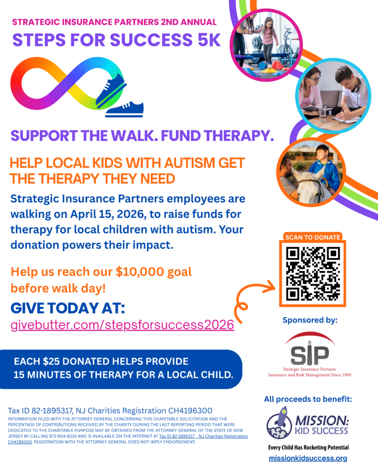 Flyer showing details about Steps for Success walk organized by Strategic Insurance Partners to raise money for children with autism